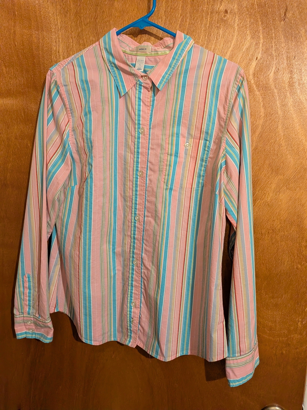 Old Navy Pink and Turquoise Multi-Stripe Dress Shirt